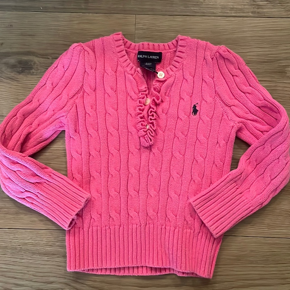 Ralph Lauren Pink Cable Knit Sweater with ruffles and 3 buttons. Size 4T.